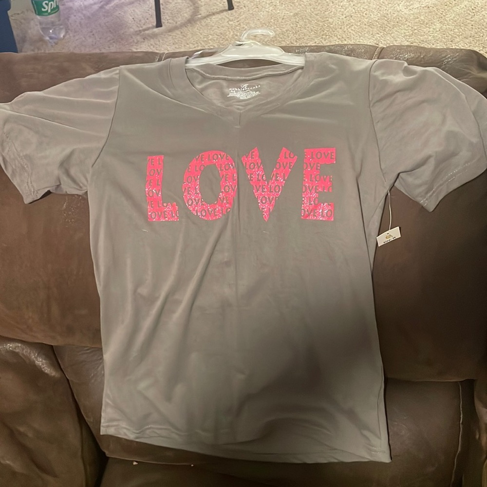 Gray short sleeve, V-neck gray tea for women love shirt, size medium